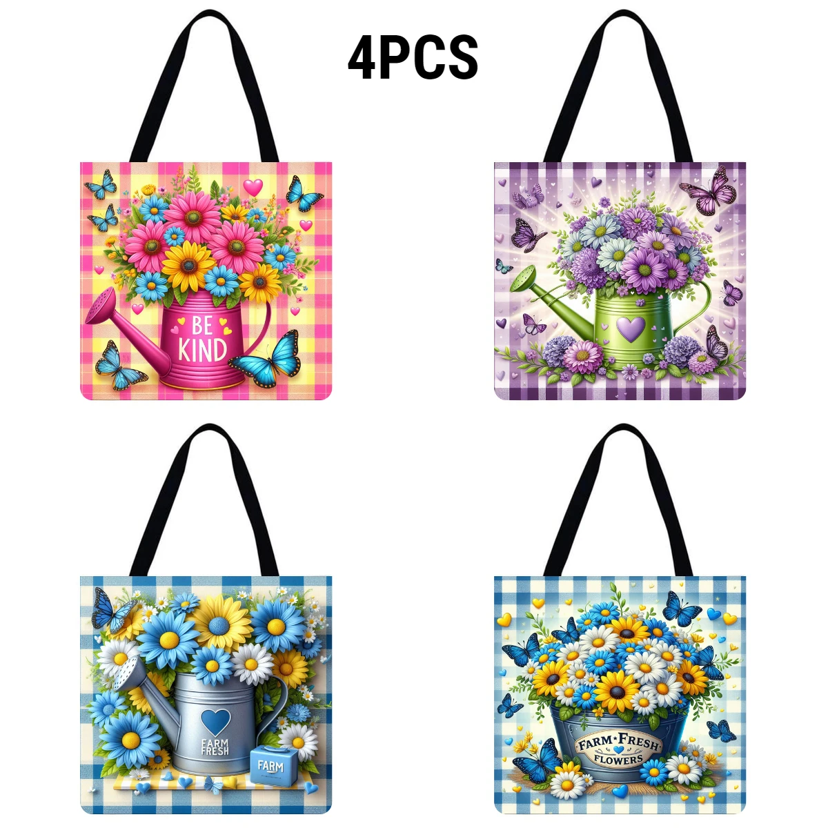 4 borse a tracolla per lo shopping da donna di grande capacità in lino con fiori