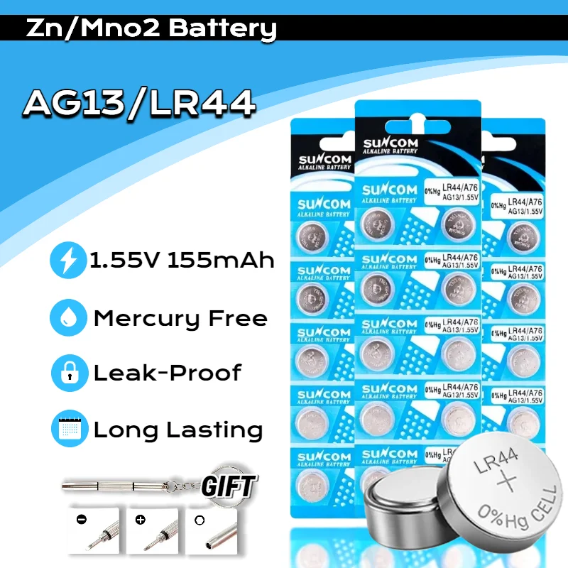 

New LR44 AG13 SR44 Battery 1.55V 155mAh - for Watch, Calculator, Toy, Remote, Scale, Thermometer - Long Life Coin Cell Batteries
