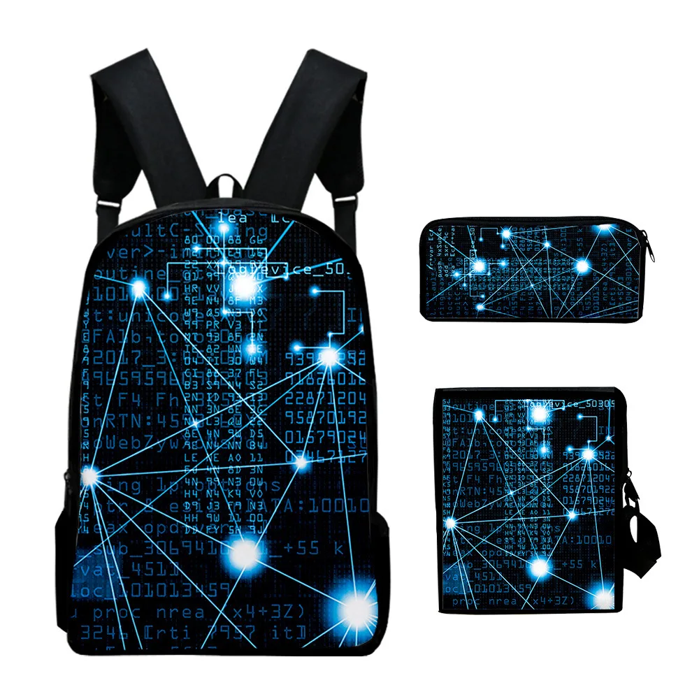 

Популярная новинка, технологический стиль, 3D принт, 3 шт./компл., школьные сумки для ноутбука, рюкзак, наклонная сумка на плечо, пенал