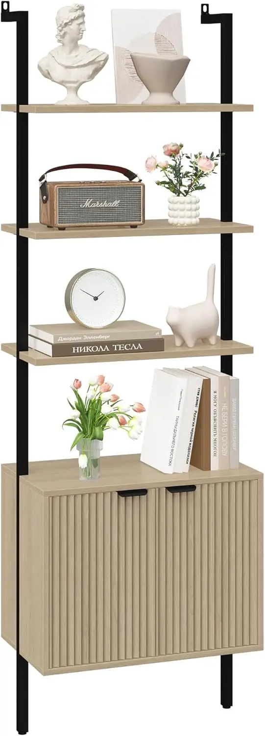 

Настенная полка-стеллаж 73 дюйма с шкафчиком, деревянным и металлическим каркасом, для хранения и демонстрации, для гостиной и спальни, цвет светло-бежевый
