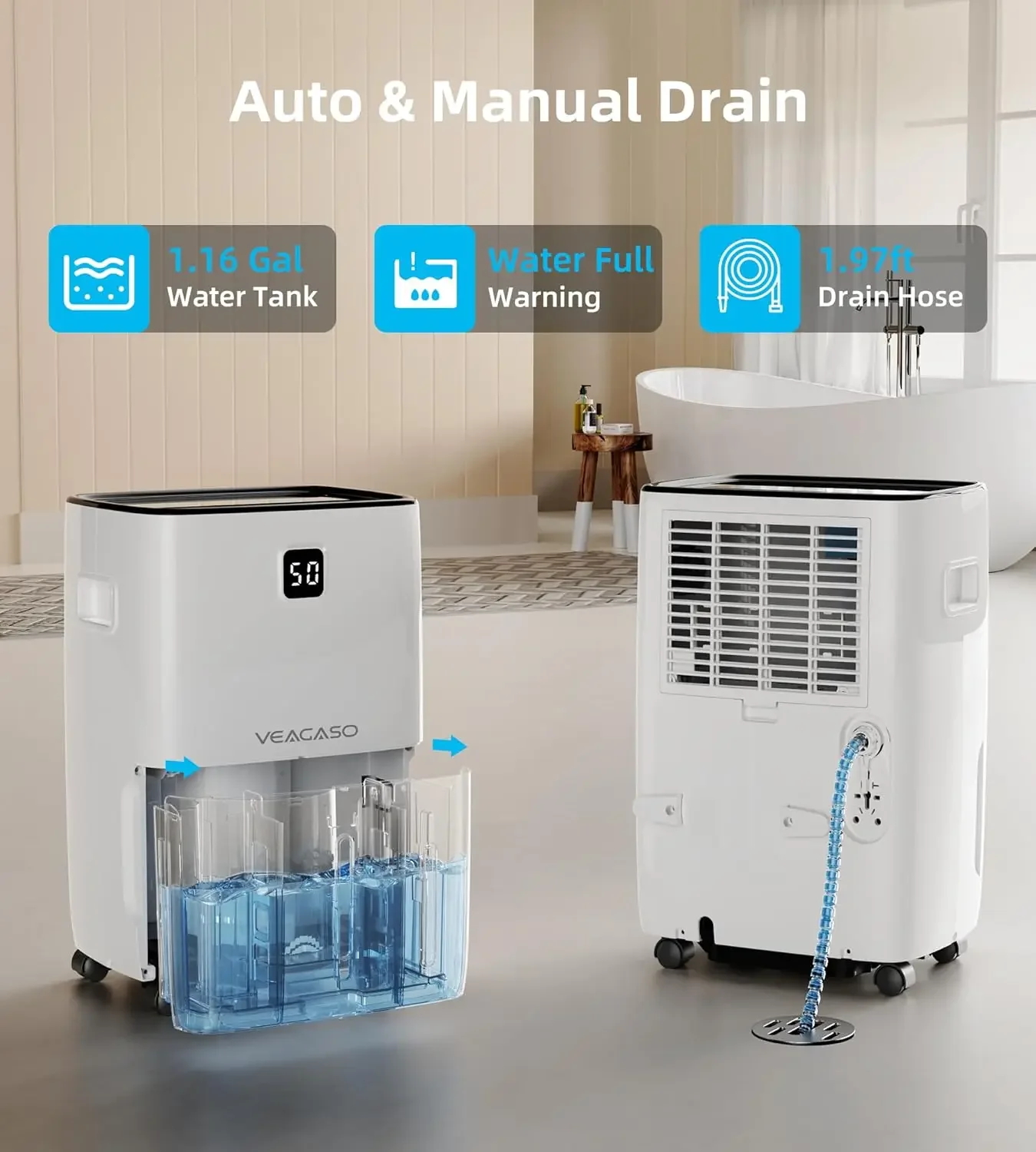 para sótano con manguera de drenaje, deshumidificadores VEAGASO de 80 pintas para el hogar, habitación grande, baño con tanque de agua, humedad inteligente
