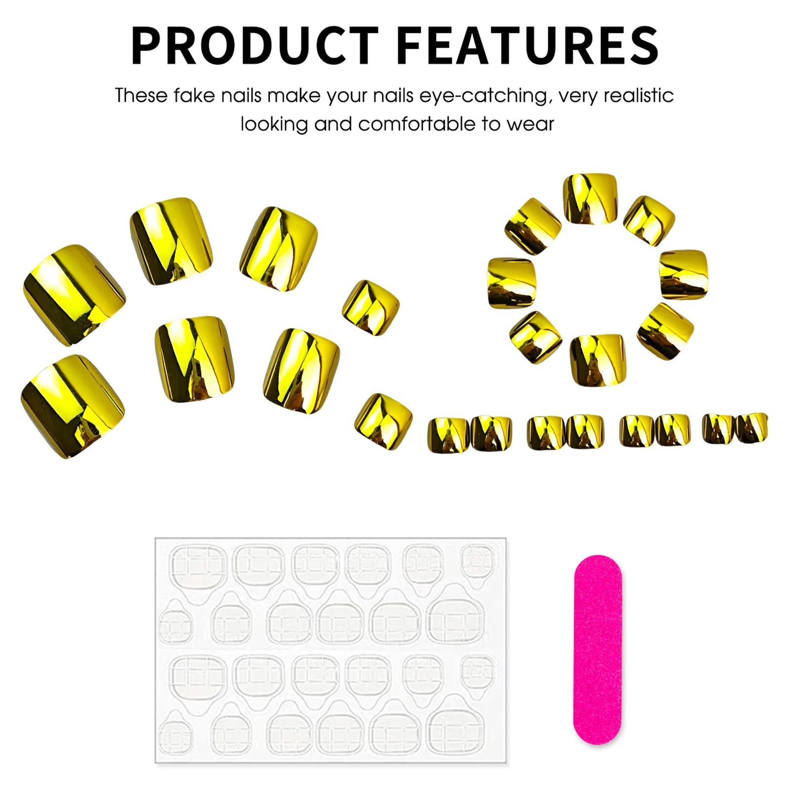 Golden Square Electroplated Nail Stickers 24 Pieces High-Gloss Metal Finish Easy To Apply