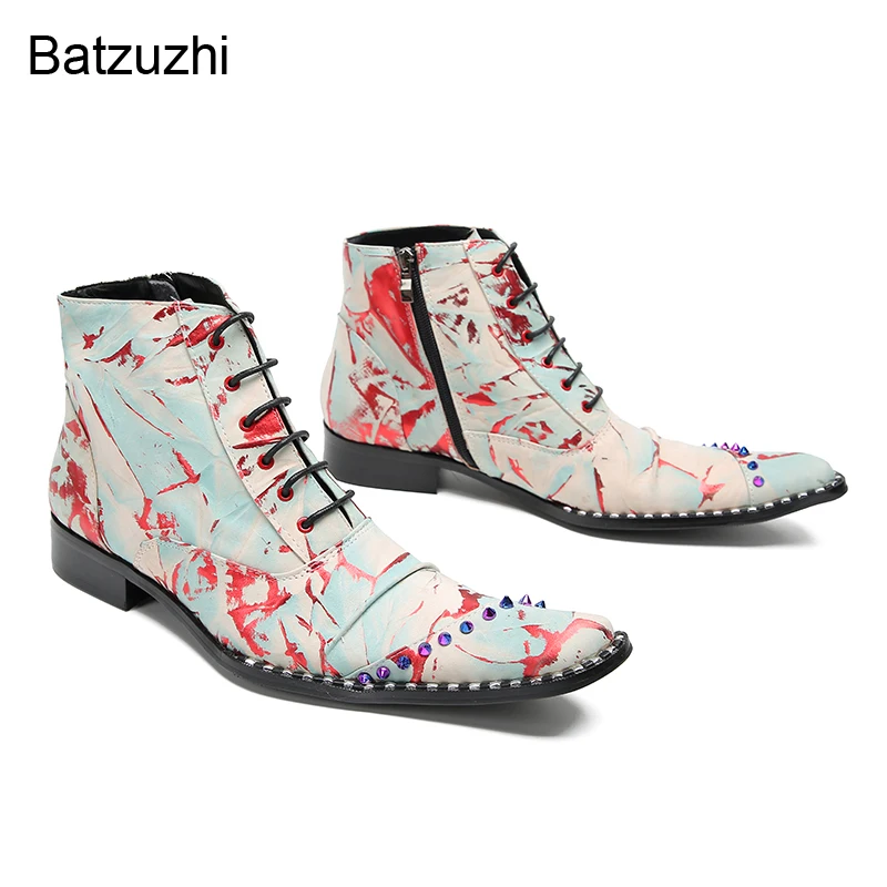 

Batzuzhi Genuine Leather Ankle Boots Men Luxury Handmade Men's Boots Shoes Lace-up Color Rivets Flats Boots, Big Size 37-46