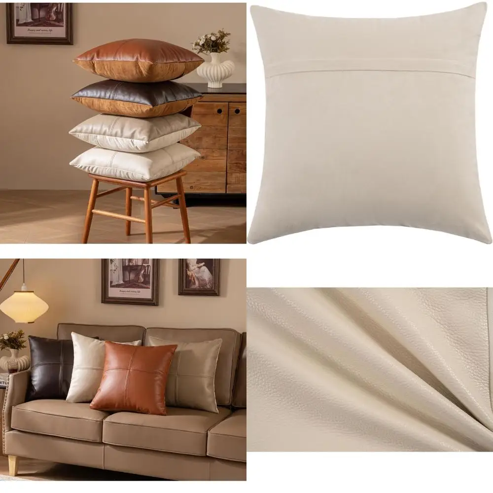 

Cream 20x20 Genuine Full Grain Cowhide Leather Pillow Cover - Decorative Sofa Cushion for Living Spaces