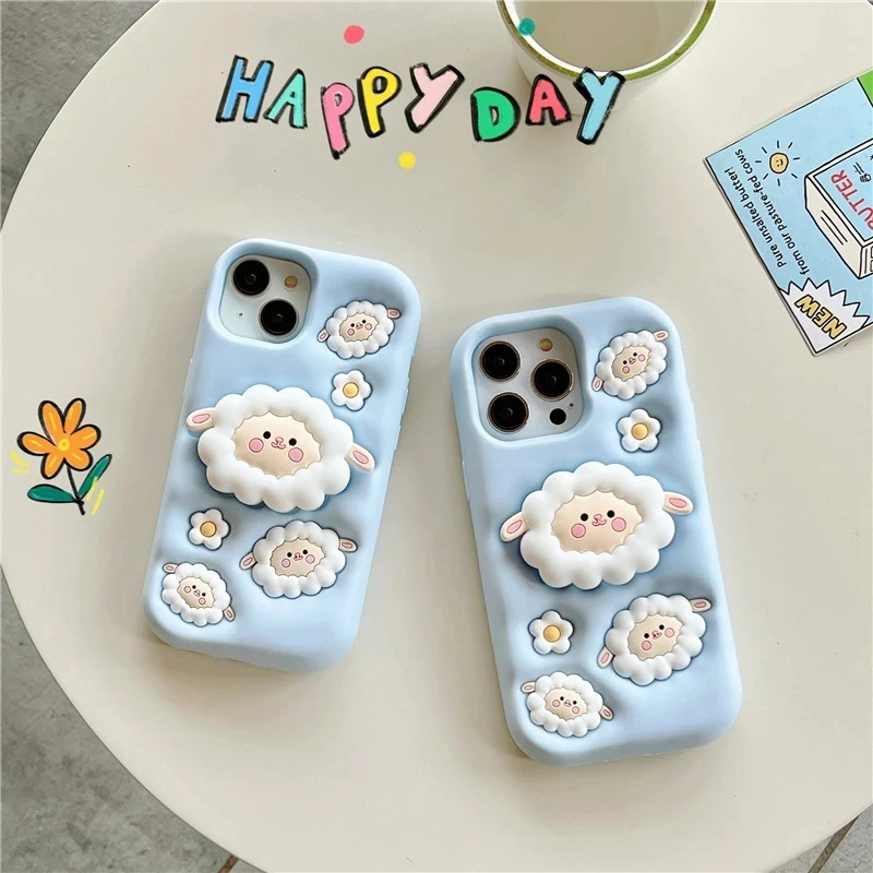 Cute Cartoon Sheep folding bracket Stand Funda Case For iphone 13 12 14 Pro Max 11 13promax Soft Silicone Protective Phone Cover