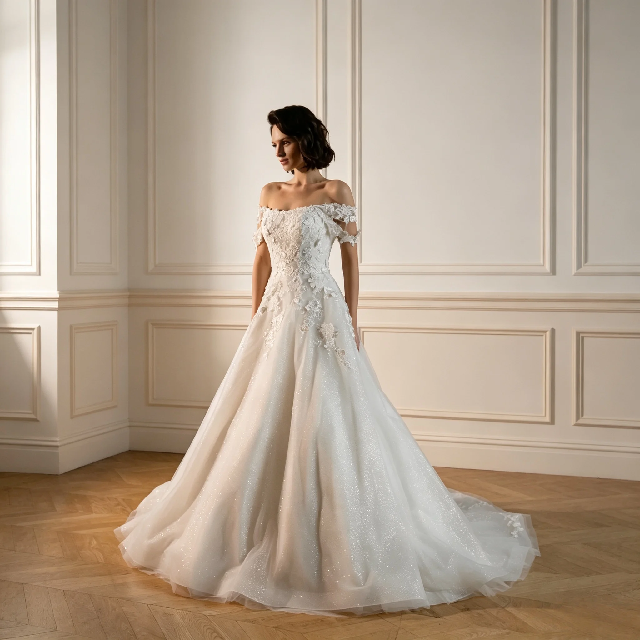 Classic Off-The-Shoulder Lace Wedding Dress A-Line Glitter Tulle Ball Gown With Chapel Train Bridal Gown Customizable