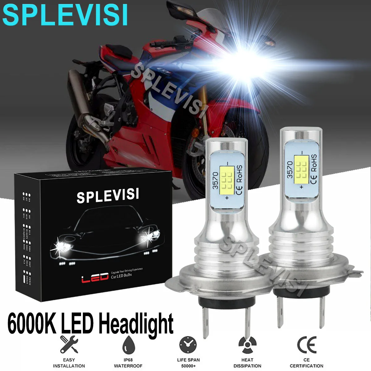 2x70W 6000K White LED Headlight Bulbs For Honda CBR1000RR 2004-2008 2009 2010 -2012 2013 2014 2015 2016 2017 2018 2019 2020 2021