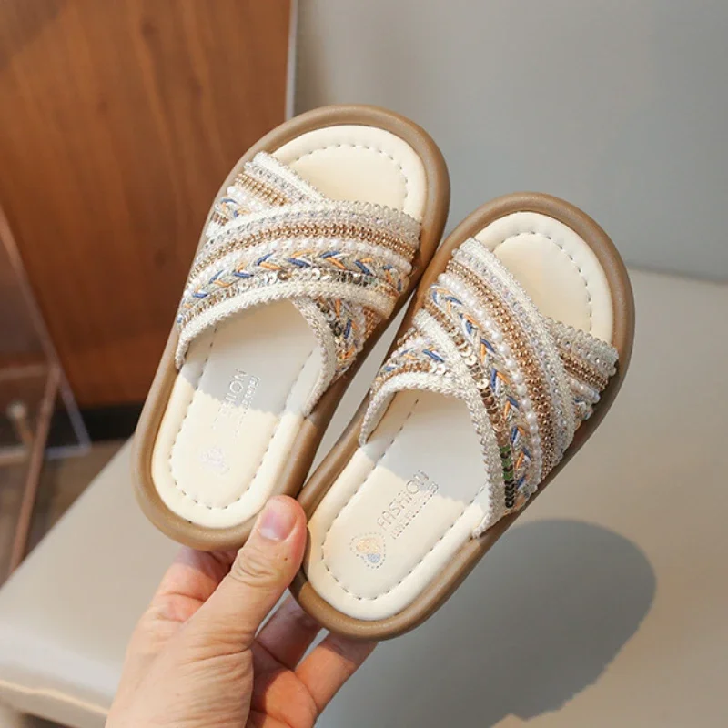 

Summer Children's Slippers Bohemia National Style Girls Anti Slip Outer Mules Fashion Open-toe Kids Causal Indoor Slippers Soft