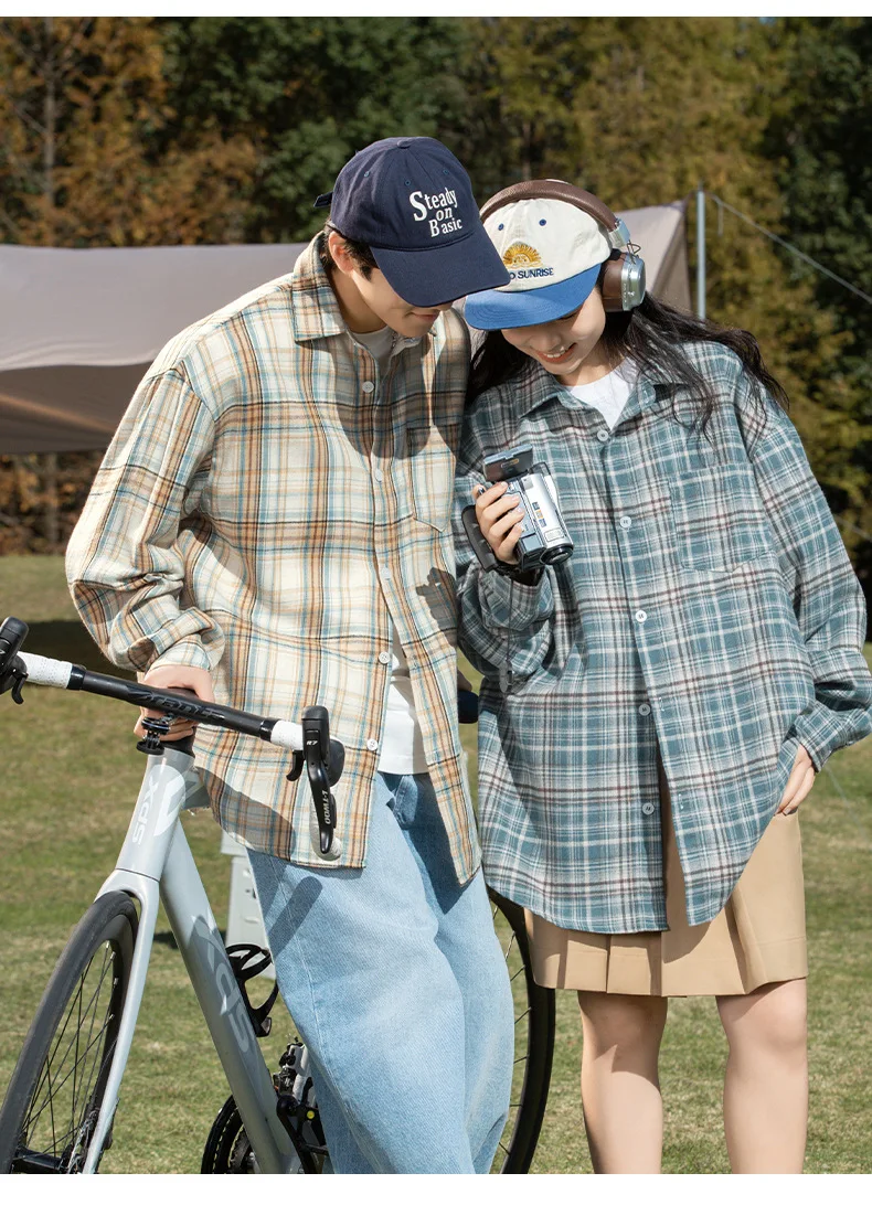 Couple Retro Long Sleeve Shirt Men Women Clashing Color Checkered Design Loose Casual Blouse Jacket Soft Simple