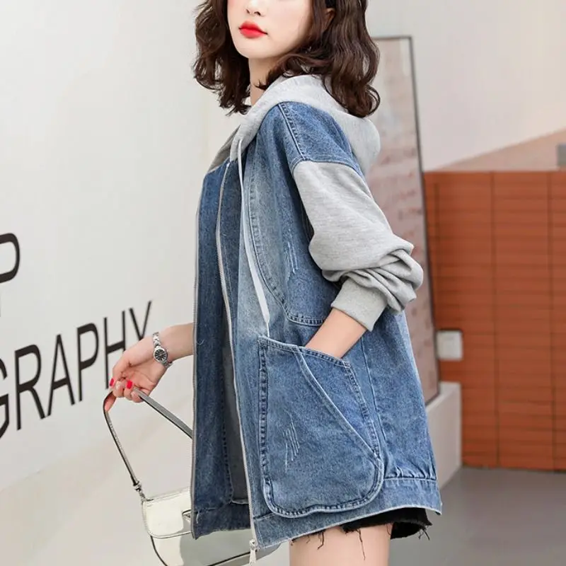Denim Hooded Jacket Preppy Style Sensibility Casual Niche Cropped Top Trendy Women's Spring Autumn 2025 New Model Cotton Fabric