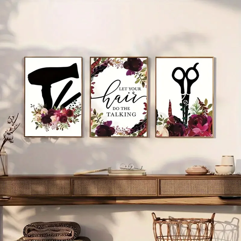 （NoFrame 3PCS）-2D Flat, 2D Flat, A Set of Three Frameless Canvas Artworks Featuring Scissors, a Hair Slogan, And a Hair Dryer