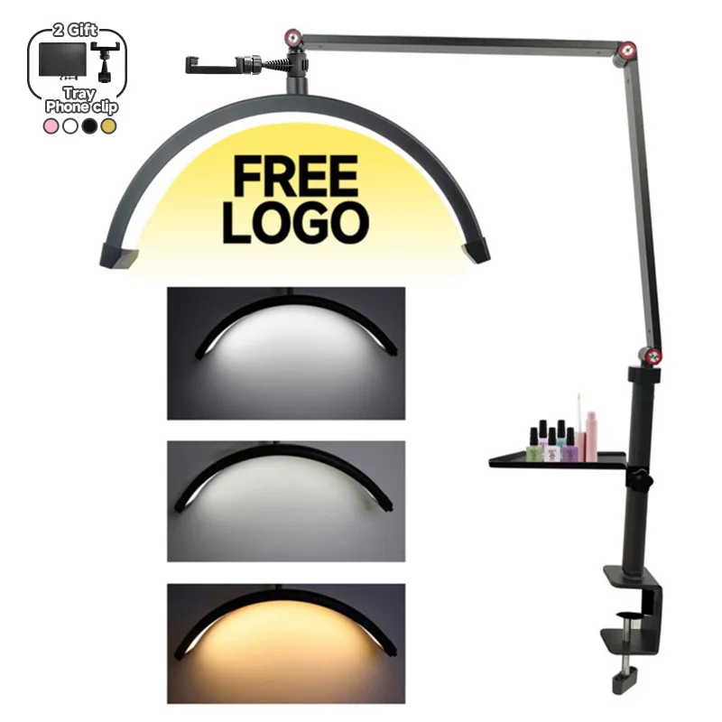 2025 new Free logo Half Moon 16-inch 24w LED Lash Extension Nail Table Facial Bed Clip-on Lamp for Manicure Salon Tattoo Eyebrow