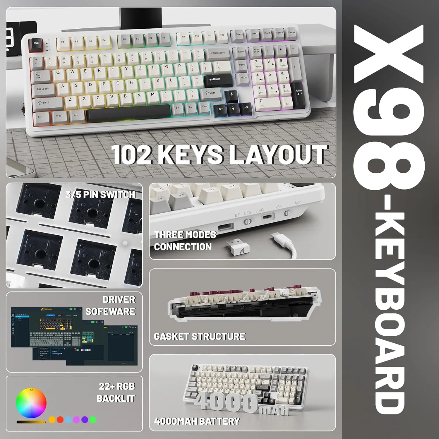 New ATTACK SHARK X98 Full-size Wireless RGB Mechanical Keyboard Gasket Bluetooth/2.4G/Wired Hot Swappable NKRO 4000mAh Battery