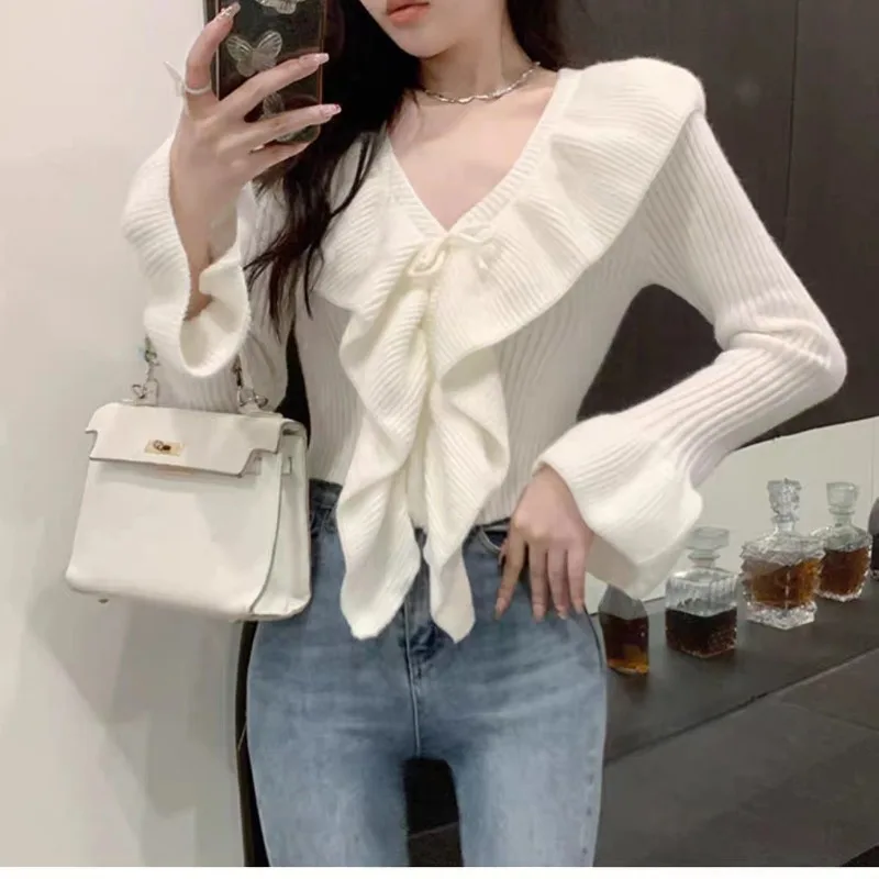 DAYIFUN Lotus Leaf Edge Women's Short Knit Sweater V-neck Slim Fit Solid Color Petal Sleeve Clothing French Lady's Pullover Tops