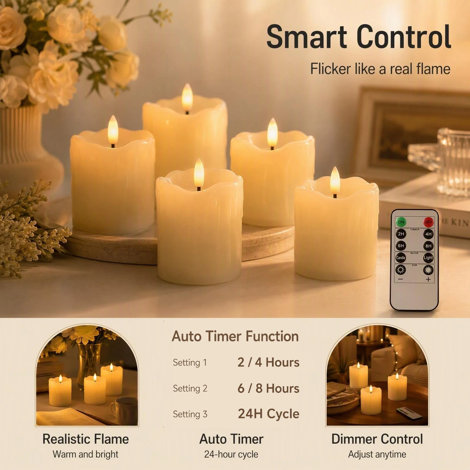6Pc Flameless LED Candles with Remote Real Wax Flickering Tea Lights Brightness Adjustable Candle for Christmas Halloween Decor