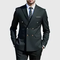 Moda nueva tienda de ocio para hombres banquete de negocios Color sólido boda doble botonadura traje ajustado Blazers chaqueta pantalones