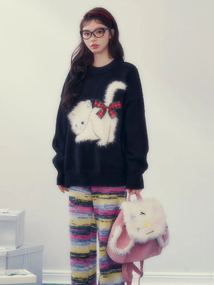 Kawaii Kitty Cat Print Christmas Red Pullover Bow Women O-Neck Sweaters Y2k Sueter Mujer Japanese Sweet Preppy Style Knitted Top