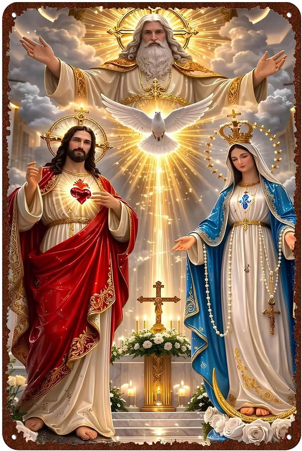 Holy Father Son Virgin Mary Holy Altar Vintage Metal Tin Sign, Catholic Religious Wall Decor for Home Church Patio Yard Greenhou