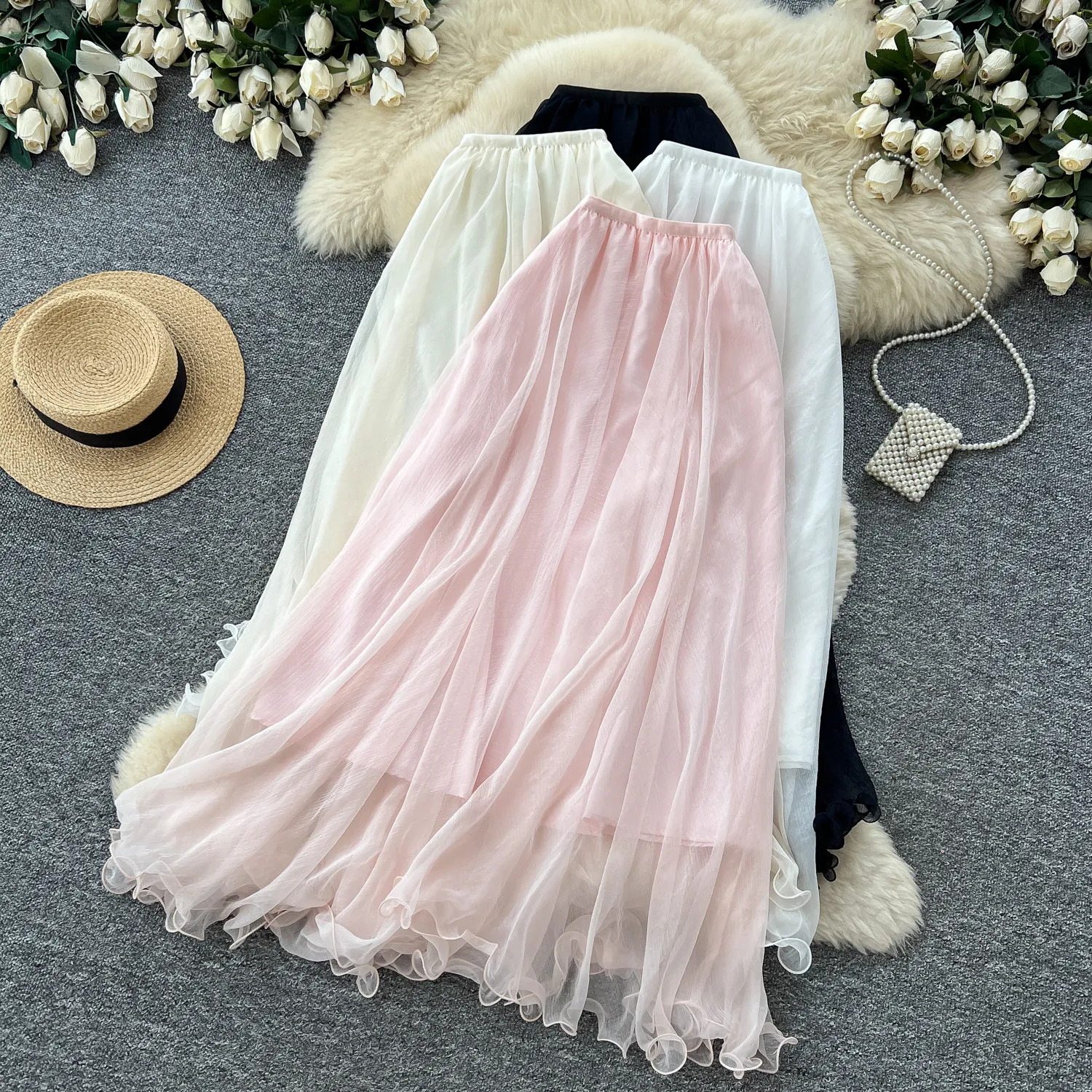 Korean Style High Waist A Line Mesh Skirt Women Commute Pleated Fashion Flared Gentle Temperament 2026 Summer Chic Women Skirt