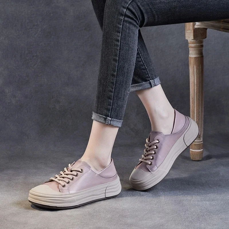 Genuine Leather Casual Flats Shoes Women Spring New Round Toe Lace-up Soft Bottom Leisure Vulcanize Shoes обувь женская