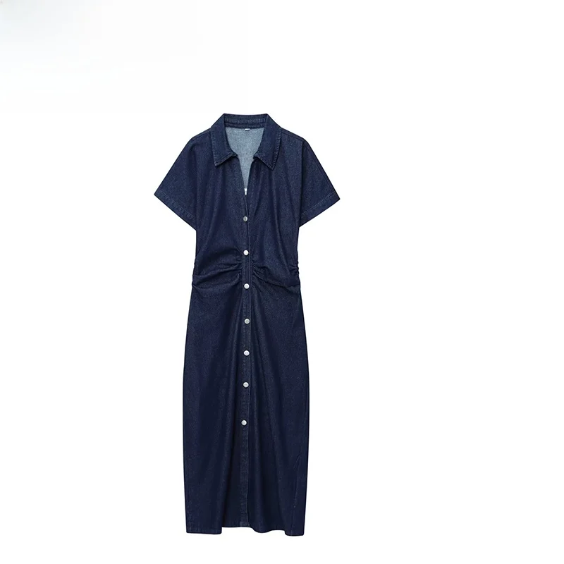 ZBZA Frühling Neue Faionable Design frauen Denim Midi Dr Ele Taille-Cinched H-Sle Polyester Faser Sommer Dr