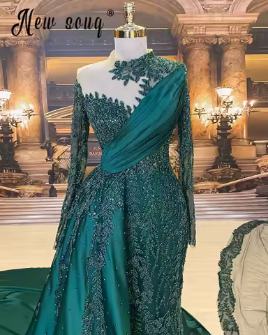 Emerald Green Beading Lace Luxury Evening Dress With Long Train Muslim Sheer Neck Prom Gowns 2025 Wedding Party Dress Customized