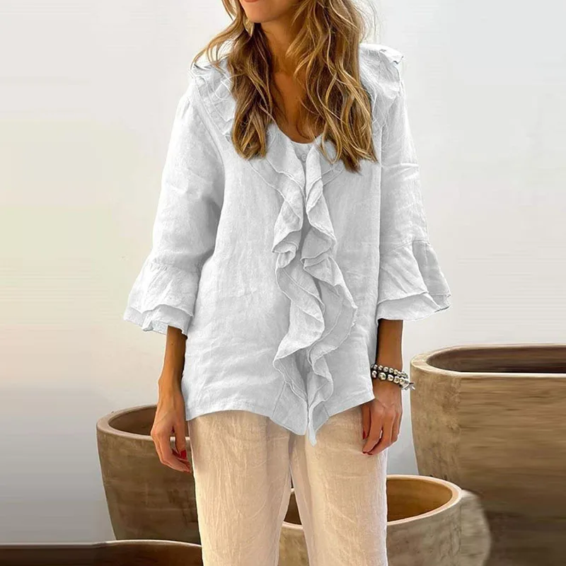 Jesienna moda Nowe koszule z dekoltem w szpic Lady Loose Casual Solid Color Ruffled Buttons Cardigans 3/4 Rękawy Bluzki Eleganckie topy imprezowe