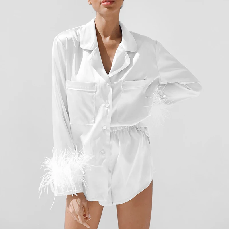 Damska piżama 2PCS Patchwork Feather Cuffs Solid Color Long Sleeve Lapel Button Shirt with Short Pants Loose Loungewear Outfits