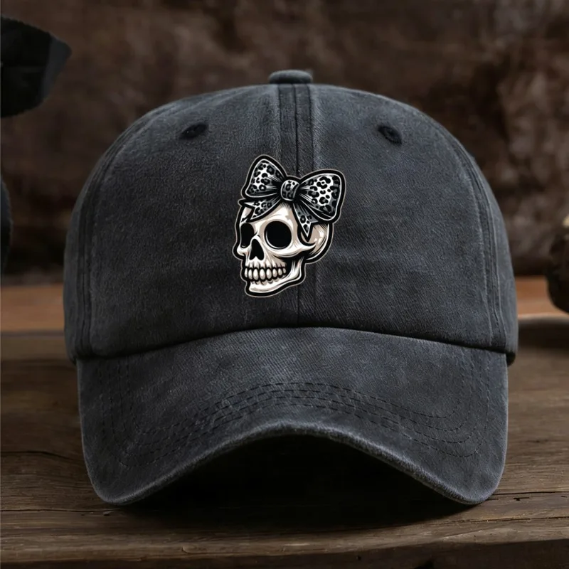 1pc Unisex Washed Baseball Hat Gothic Bow Skull Skeleton Print Adjustable Back Strap Casual Headwear for Autumn Holiday Costume