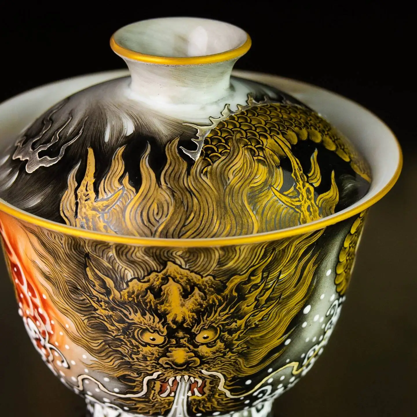 Holy Mountain Jingdezhen High-End Pastel Gold Dragon Gaiwan Hand-Painted Ceramic Set Cup Tea Bowl