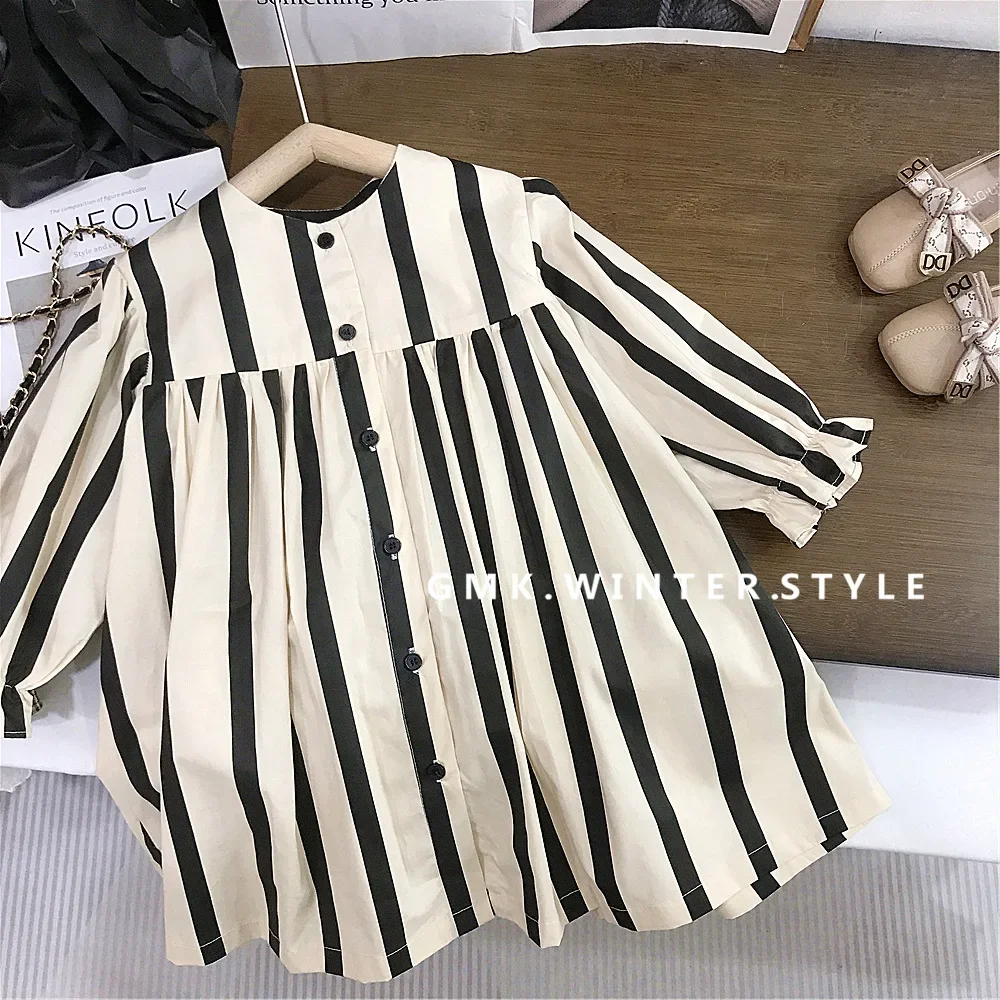 

Иностранная черно-белая полосатая свободная юбка-рубашка с круглым вырезом для девочек Юбка принцессы с длинными рукавами для девочек Платье в корейском стиле