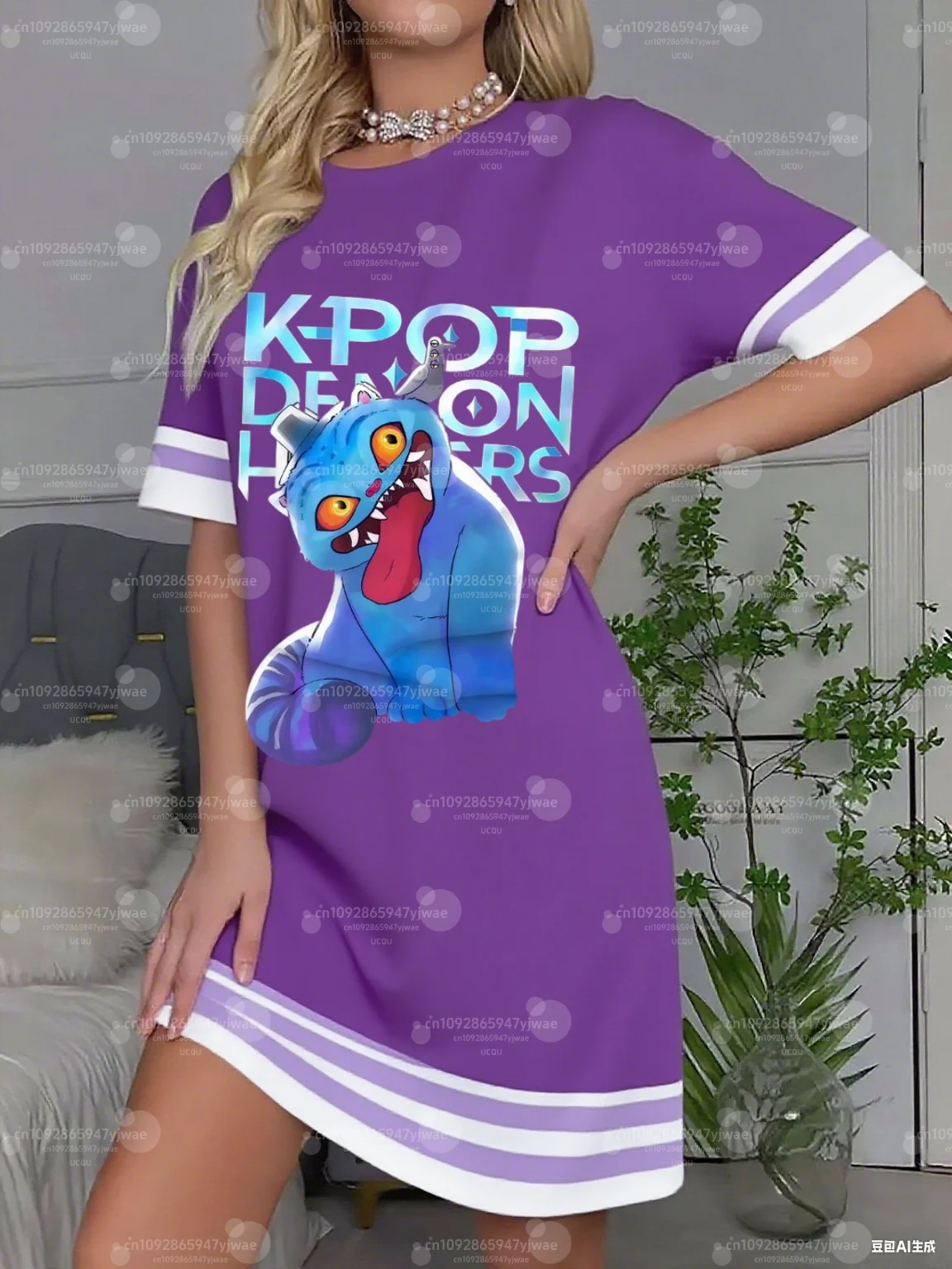 Kpop Demon Hunter print T-Shirt Dress Loose Casual  O-Neck Lady Short Sleeve Pullover nightDresses Women Clothing