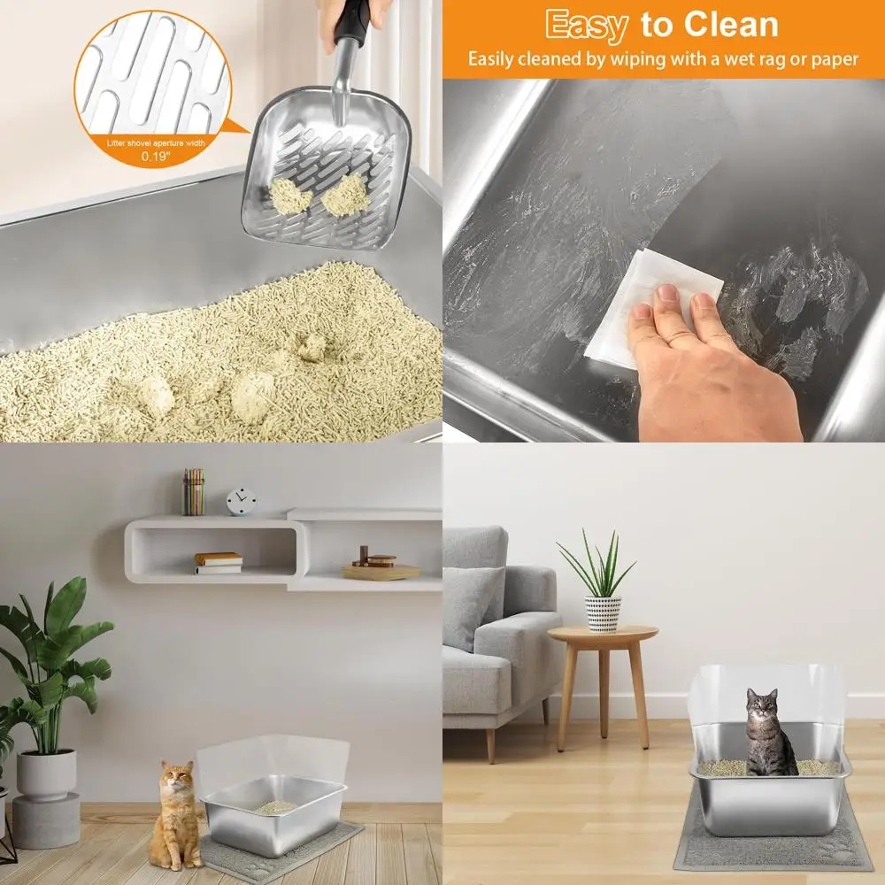

Double Stainless Steel Large Cat Litter Boxes with Plastic Liners, 23.6x15.8 Inches, Includes Scoop and Mat