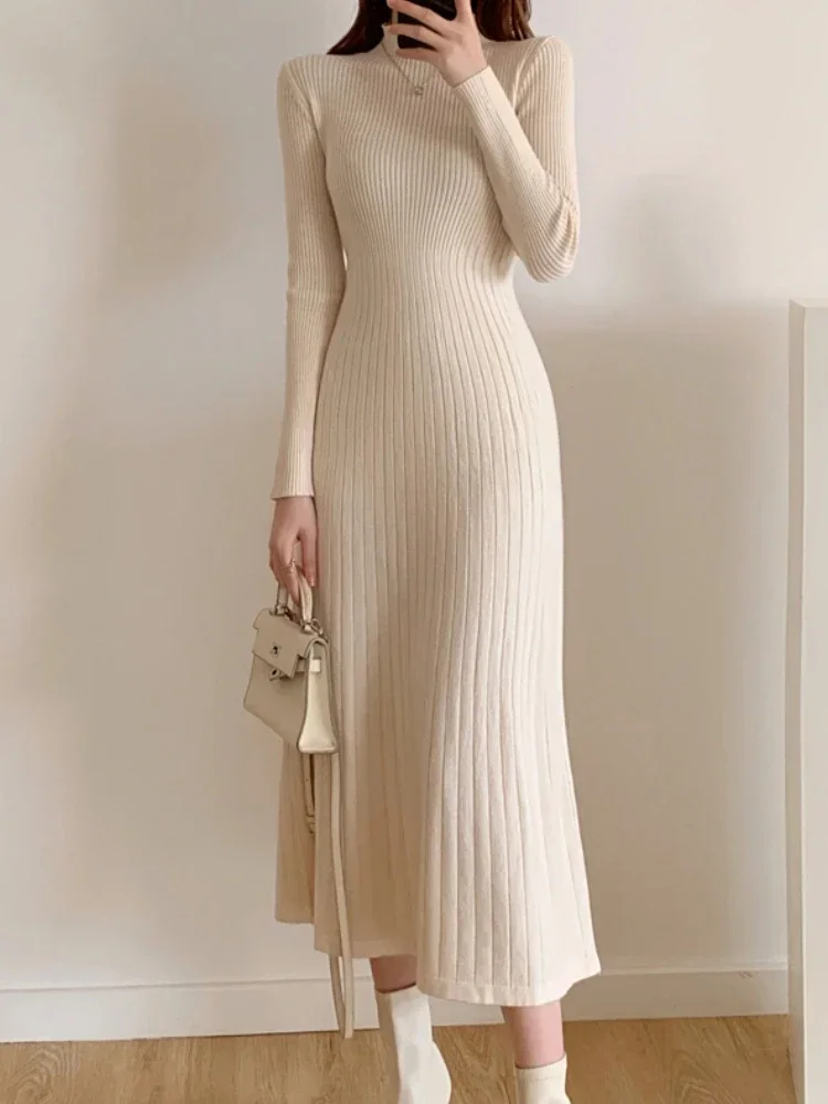 

Autumn Winter 2024 Slim Long Sleeve Party Midi Dress for Women Knitted Half High Collar Elegant Knitted Sweater Dresses Ladies