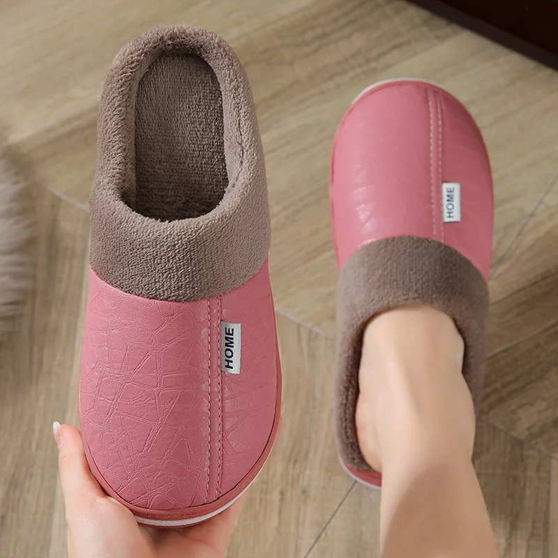 Men's Soft Plush Cozy House Casual Slippers Waterproof Anti-skid Slip-on Shoes Fuzzy Lining Indoor Walk Autumn Winter Couples