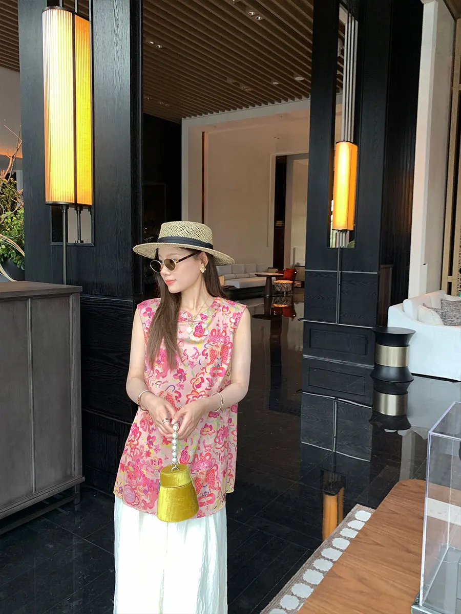 

New Benxe Gold Tead Embroidery Chinese Sle Svel Top Vest Floral Pattern Loose Fit Thin Summer Women's Faion