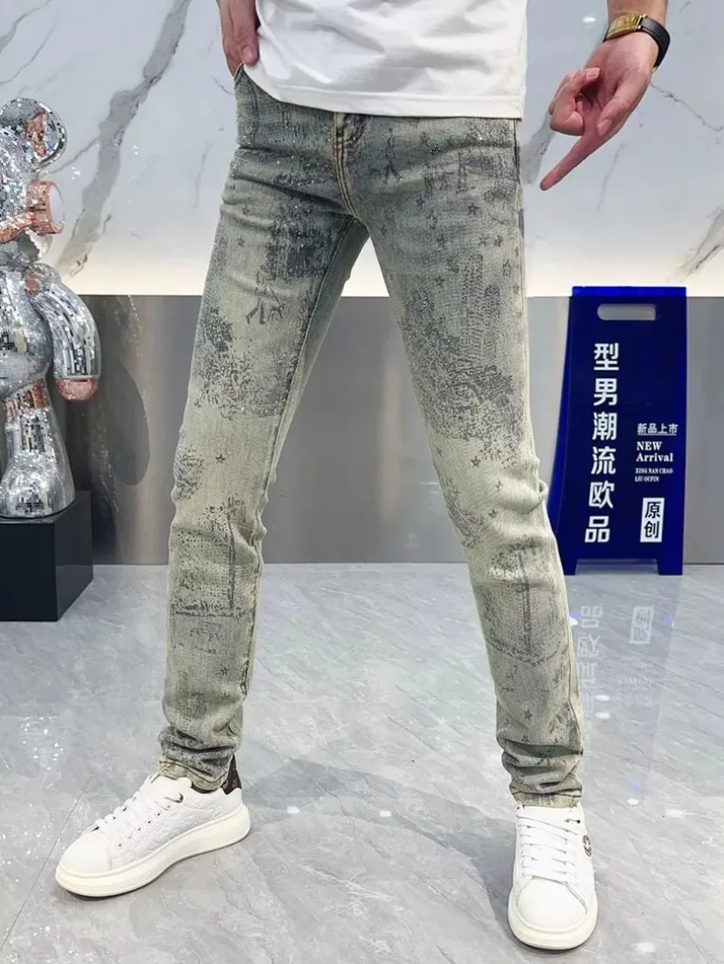 2025 Autumn Jeans Men's New Fashion Hot Diamond Printing High Street Washed Slim-fitting Pants Trousers Men Blue Man Pants