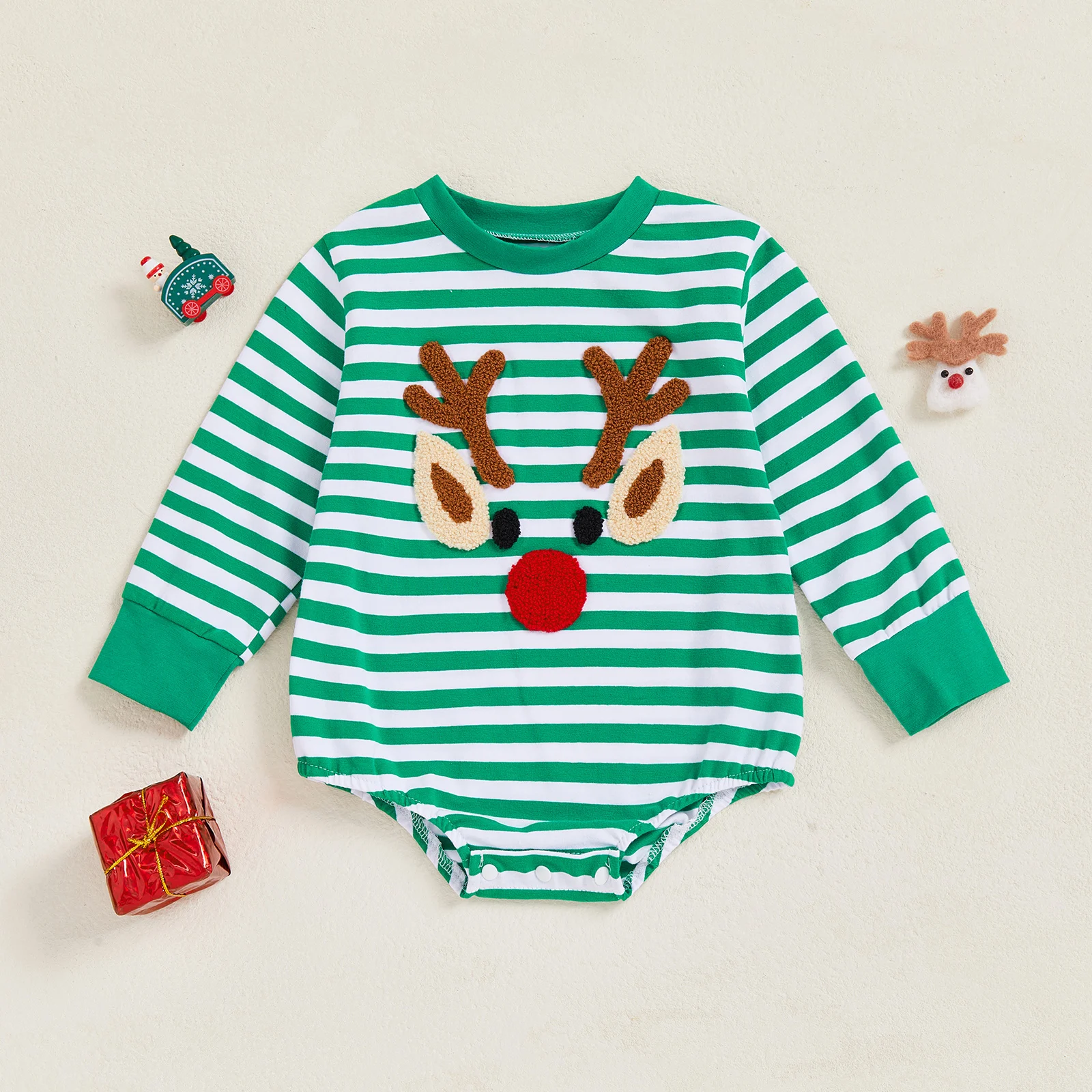 

Lioraitiin Cute Baby Boy Girl Christmas Romper Striped Reindeer Embroidered Long Sleeve Sweatshirt Jumpsuit Winter Fall Clothes