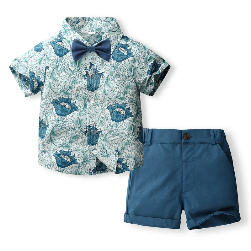 

3Piece Summer Kids Clothes Boys Korean Fashion Gentleman Tie Print Cotton Short Sleeve Tops+Shorts Baby Boutique Clothing BC1818