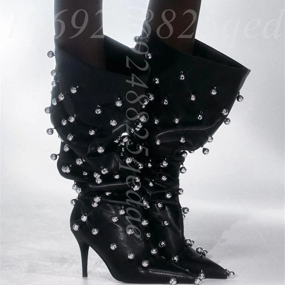 

Women's Black Slouchy Knee High Stiletto Heel Boots, Pointed Toe Tall Boots with 3D Silver Stud Embellished Punk Style Big Size