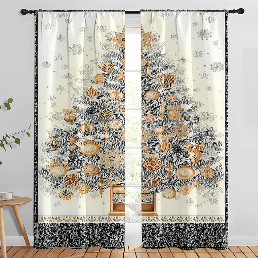 2PCS Christmas Digital Print Curtains, White Silver Xmas Tree Gold Ornaments, Simple for Living Room Bedroom Window Decor