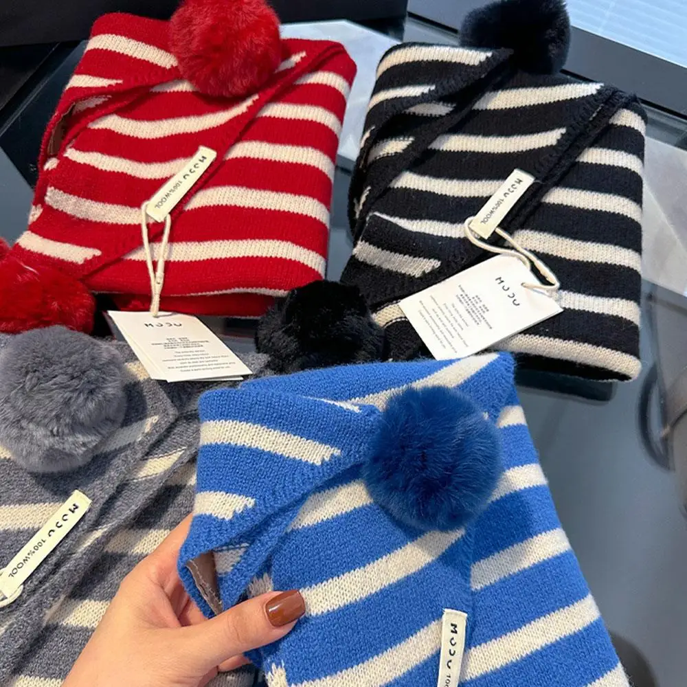 100 % Wolle, abnehmbarer Fell-Bommel-Schal, klassischer britischer gestreifter Dreiecksschal, multifunktionaler gestrickter Wollschal, warmes Kopftuch