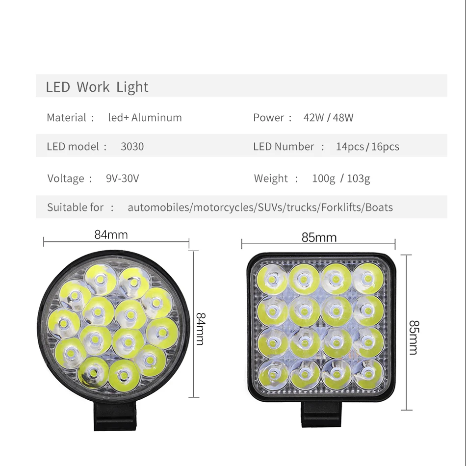 10 pz luce di lavoro LED auto fendinebbia anteriore 9-30V 42W 14LED 48W 16SMD camion SUV 4 x4 4WD ingegneria fari fuoristrada