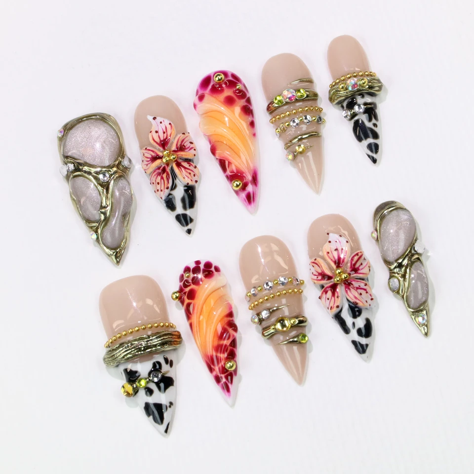 10 uñas personalizadas largas stiletto con flores góticas pintadas a mano, para bodas y eventos 4