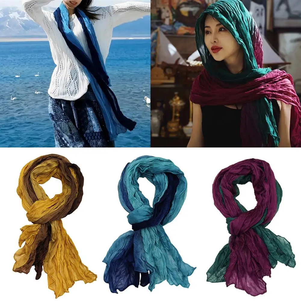 

Тонкая дышащая шаль, ветрозащитный платок с принтом тай-дай, хлопковые плиссированные шарфы из конопли, шарф с морщинами, градиентный цвет, шарф-хиджаб