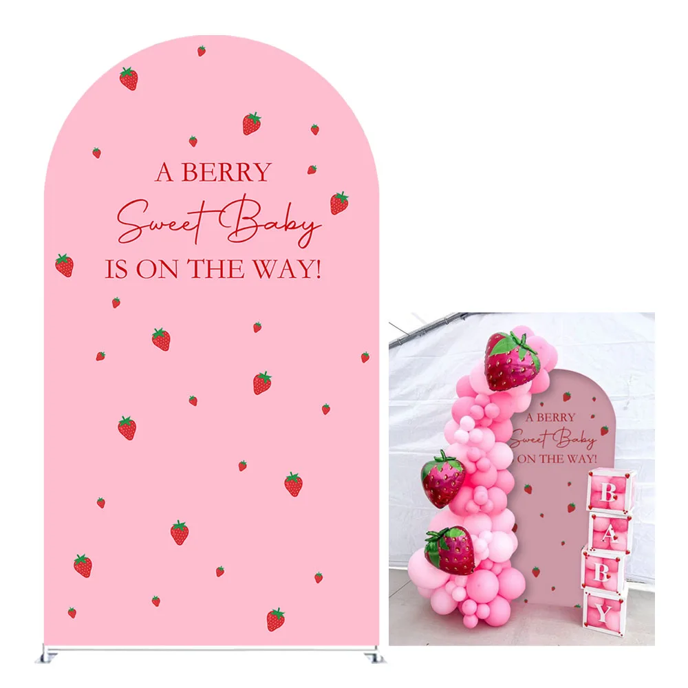 A Berry Sweet Baby is ON The Way Pink Strawberry Theme Stretchy Arched Backdrop Cover Birthday Decorations (No Stand!)