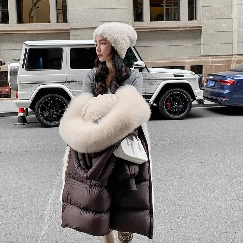 2025 novo inverno de luxo longo com capuz ganso para baixo jaqueta para mulheres destacável gola de pele de raposa engrossar casacos de pele feminino parker