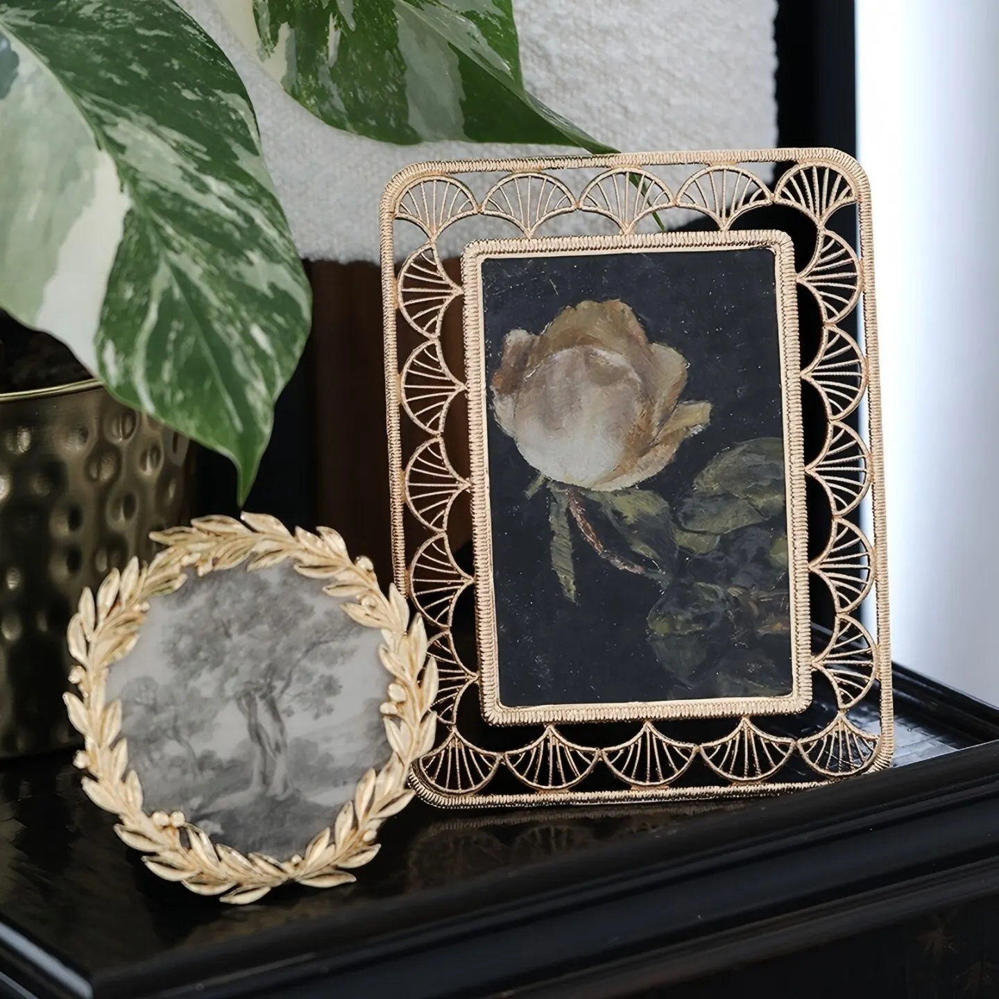 Vintage 6 Inch Filigree Metal Picture Frame, Ornate Carved Tabletop Display Frame, Antique Photo Holder for Desk Shelf Decor