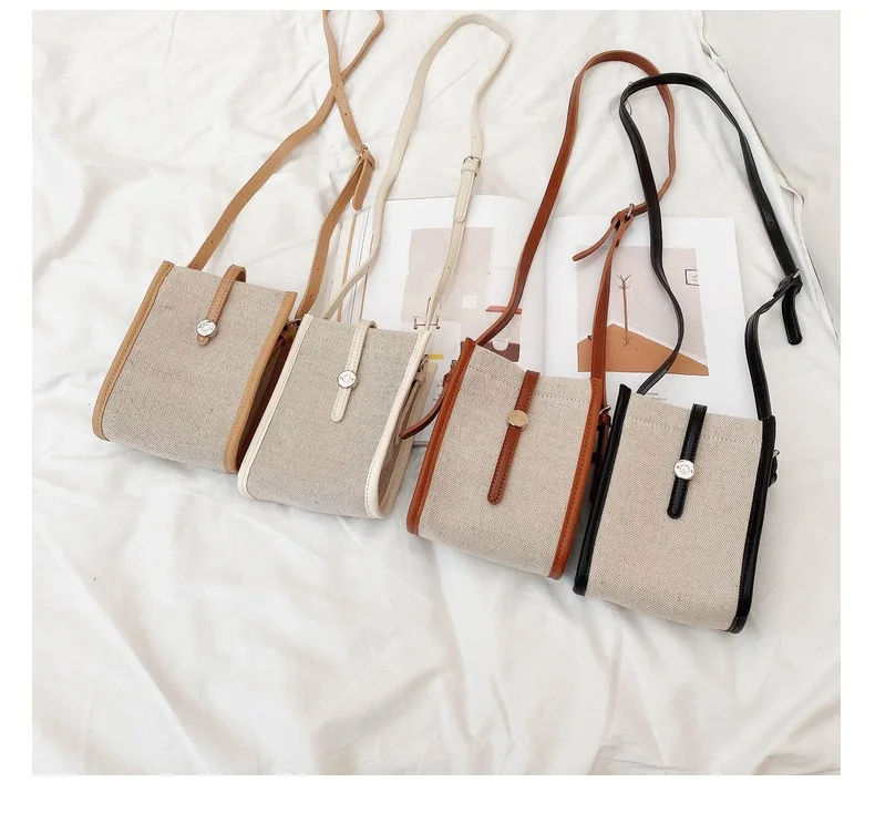 New Retro Canvas Mini Crossbody Bags Korean Contrast Color Mobile Phone Bag Simple Buckle Square Shoulder Bag Women Handbags