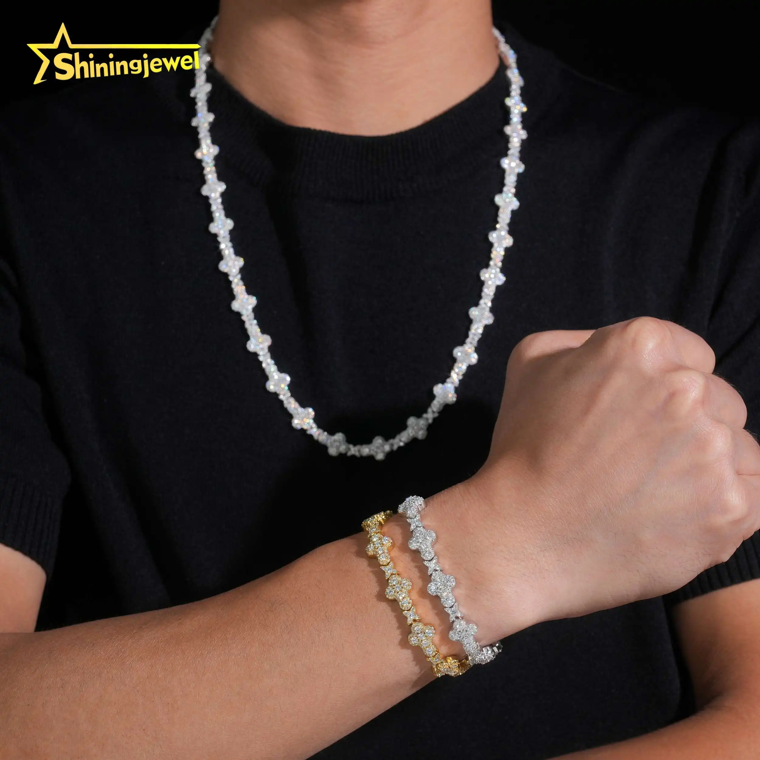 10mm Cross Styles Solid 925 Sterling Silver Hip Hop Jewelry Men Necklace Iced Out Moissanite Cuban Chain Necklace Cluster Chain.